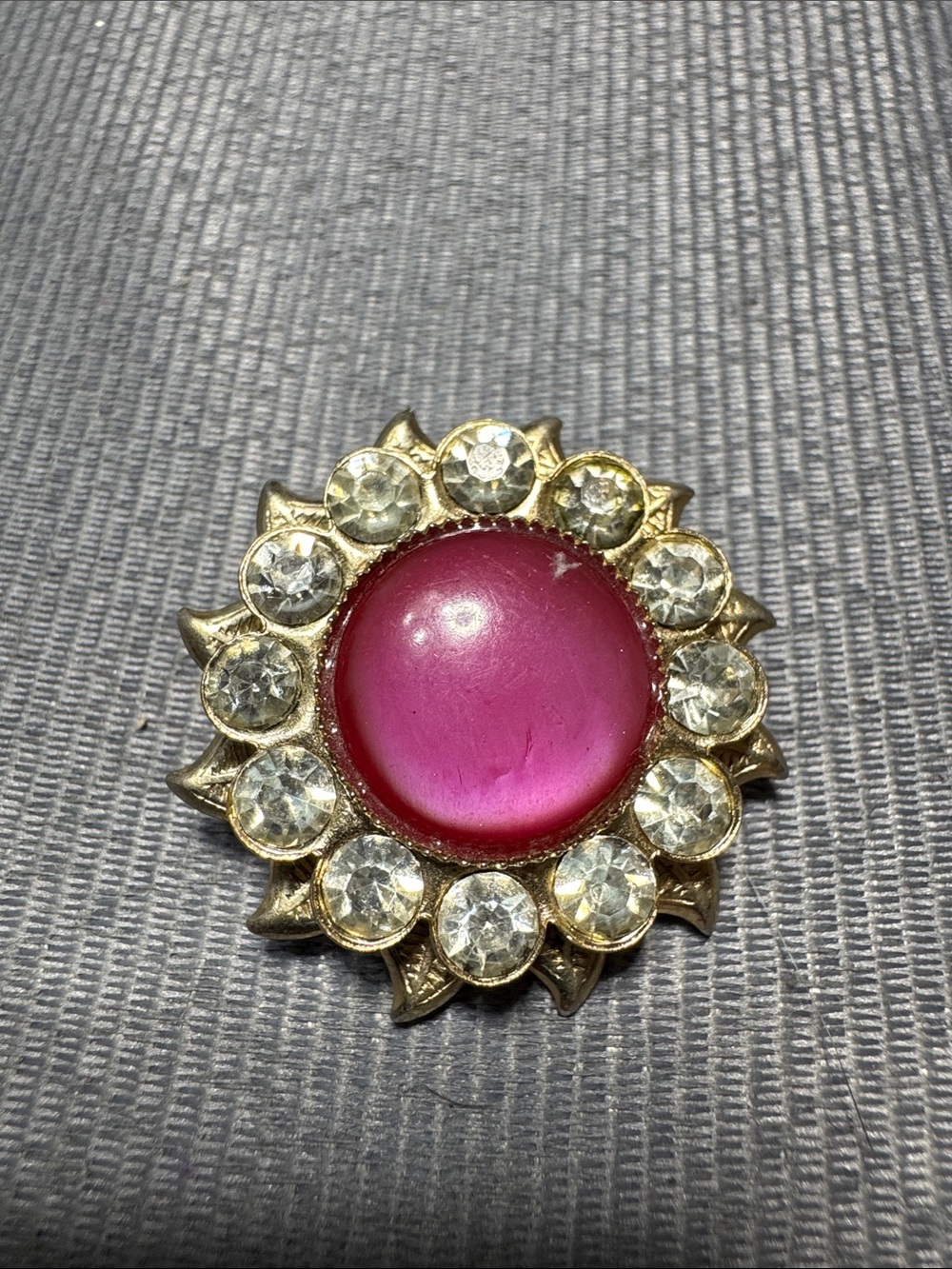 Vintage Source Unknown Gold-Tone Brooch with Pink Cabochon and Clear Crystals